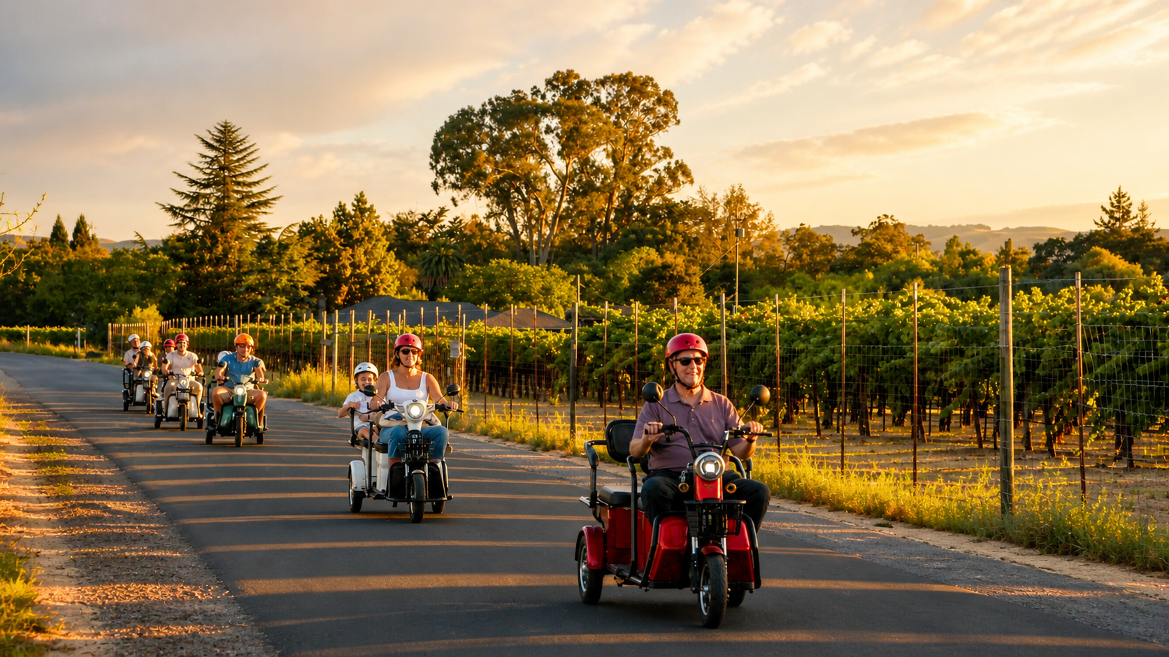 Pushpak electric trikes gathered outside Hamilton Family Wines