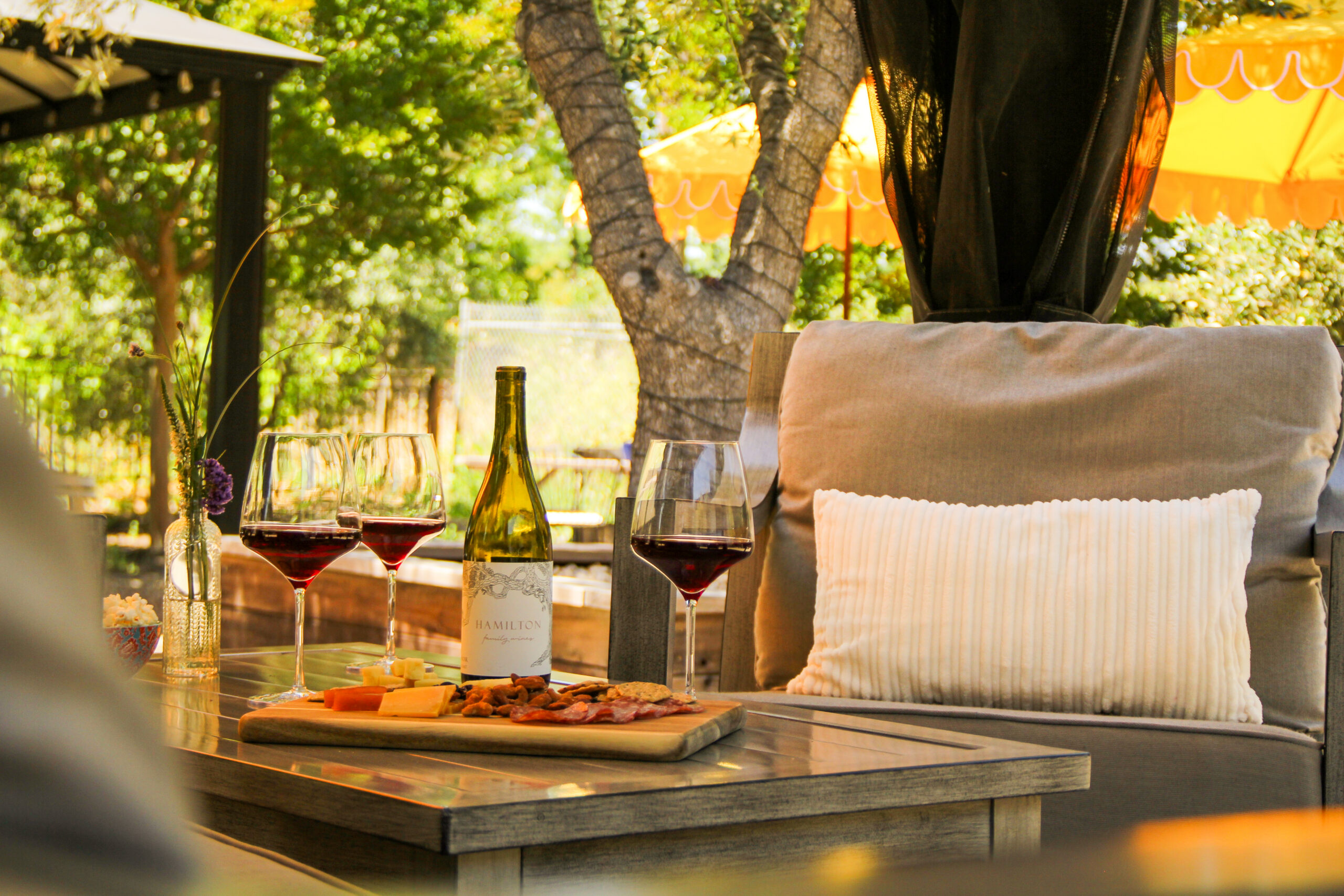 Wine and a grazing board in a cabana at Hamilton Family Wines during late-afternoon glass specials.